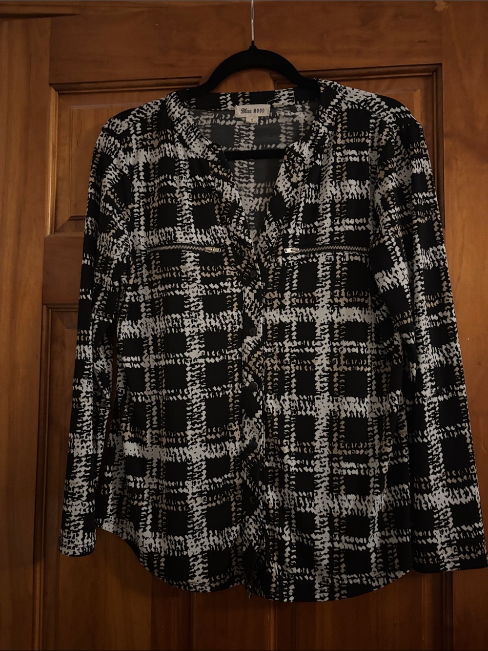 Black & White Plaid Button-Front Women's Shirt with Zip Chest Pockets